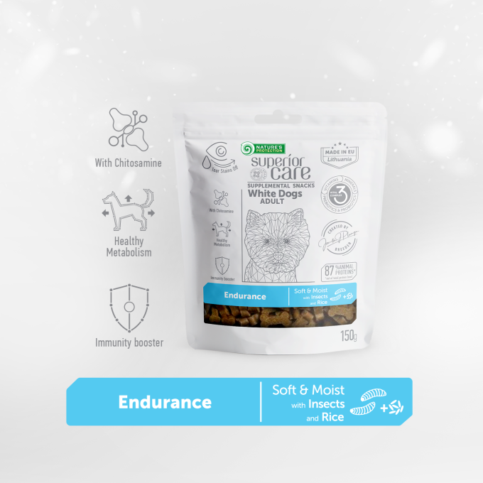 complementary feed - snacks to support endurance with insects and rice for adult all breed dogs with white coat - 1