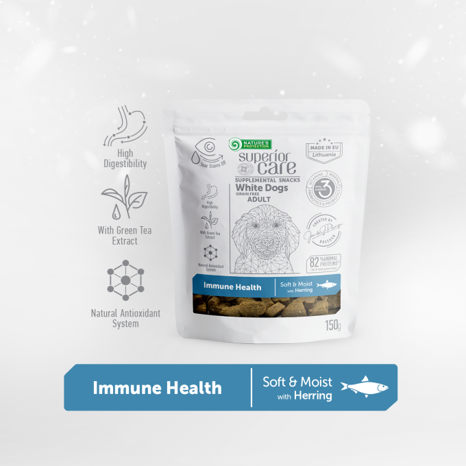 complementary grain free feed - snacks to support immune health with herring for adult all breed dogs with white coat - 1