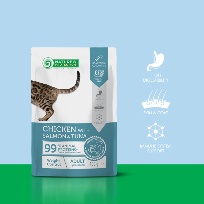 canned pet food with chicken, salmon and tuna for adult cats, for weight contro - 1