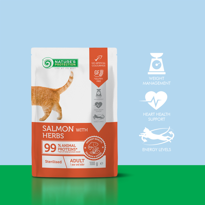 canned pet food with salmon and herbs for adult sterilised cats - 1