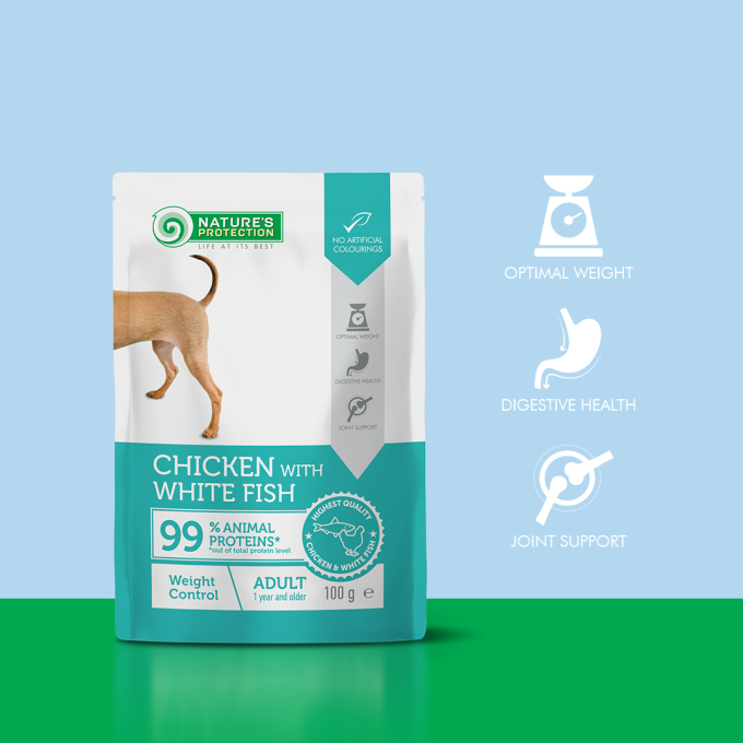 canned pet food with chicken and white fish for adult dogs, for weight contro - 1