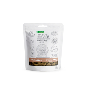 mangime complementare - snack per la cura dell&#039;intestino con pesce bianco e riso per cani adulti di tutte le razze con mantello bianco