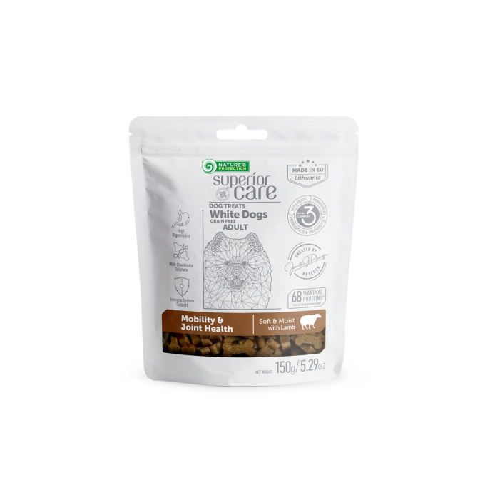 aliment complémentaire sans céréales - snacks pour favoriser la mobilité et la santé des articulations avec de l&#039;agneau pour les chiens adultes de toutes races à pelage blanc - 1