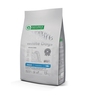 alimento secco senza cereali con aringa per cani adulti di piccola taglia con pelo bianco