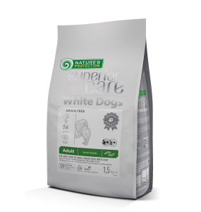 dry grain free food for adult dogs of small breeds with white coat, with insect 