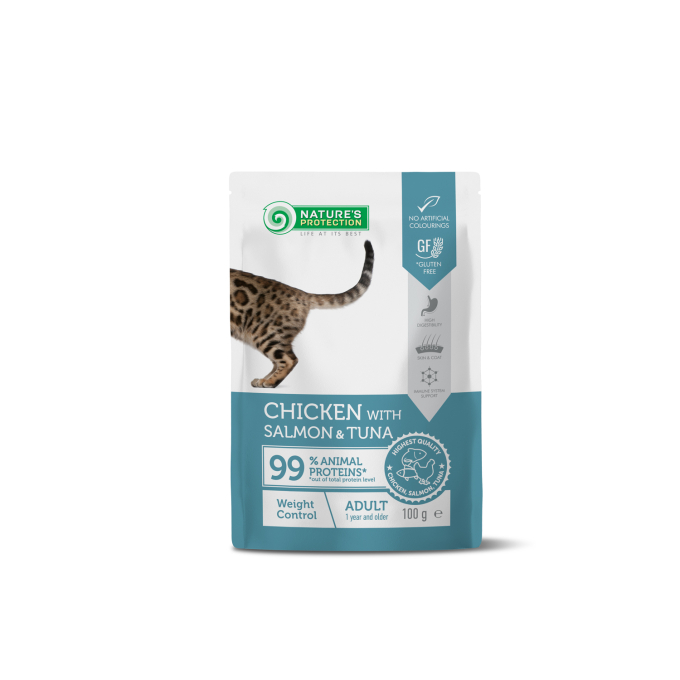 blikvoer met kip, zalm en tonijn voor volwassen katten, voor gewichtscontrole - 0
