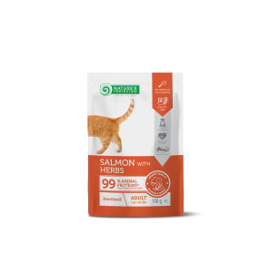 blikvoer met zalm en kruiden voor volwassen gesteriliseerde katten