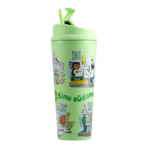 plastic water bottle with illustrations, green color, with straw plastic water bottle with illustrations, green color, with straw