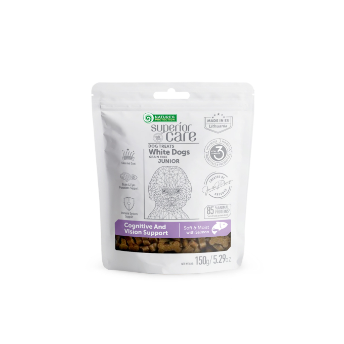 complementary grain free feed - snacks for sensitive care with salmon for junior all breed dogs with white coat - 1