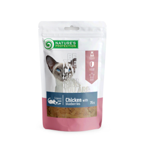 snack pour chats avec du poulet et des myrtilles