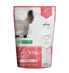 Huid- &amp;amp; vachtverzorging Volwassen kat Met kip en rund, blikvoer voor volwassen katten, in een zakje