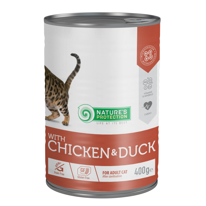 aliments en boîte pour chats adultes stérilisés avec du poulet et du canard - 0