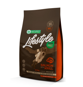 droogvoer zonder granen voor volwassen honden van kleine en minirassen met zalm en krill 