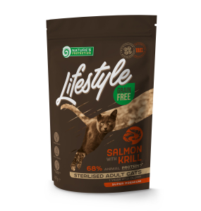 droog graanvrij voer voor volwassen katten met zalm en krill na sterilisatie