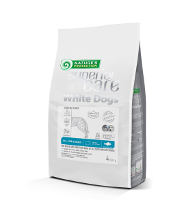 dry grain free pet food with white fish for dogs of all sizes and life stages with white coat
