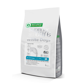 dry grain free pet food with white fish for dogs of all sizes and life stages with white coat