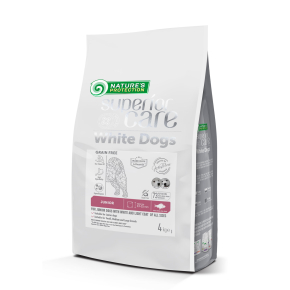 dry grain free pet food with white fish for growing dogs of all sizes with white coat