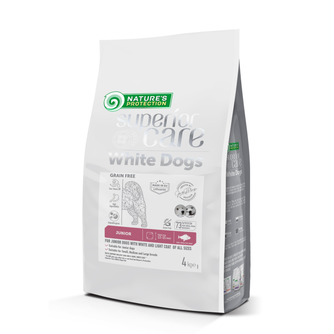 dry grain free food for junior small and mini breed dogs with white coat,  with white fish