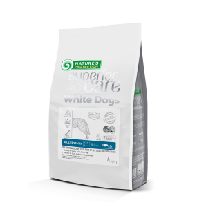 dry pet food with white fish for dogs of all sizes and life stages with white coat