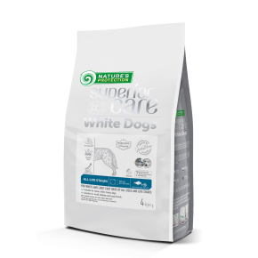 dry pet food with white fish for dogs of all sizes and life stages with white coat
