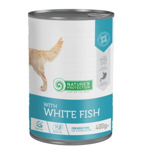 canned pet food for adult dogs with white fish