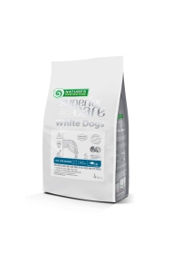 dry pet food with white fish for dogs of all sizes and life stages with white coat