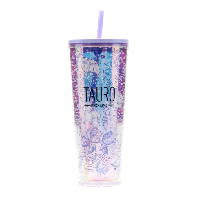 tazza in plastica con coperchio e cannuccia, design unico, rosa con dettagli viola - 0