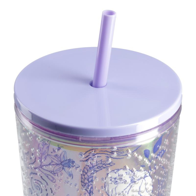 tazza in plastica con coperchio e cannuccia, design unico, rosa con dettagli viola - 2