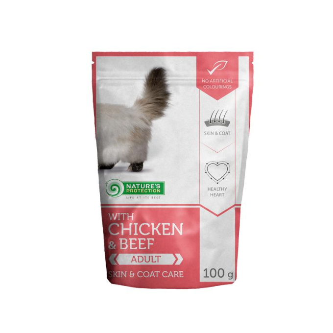 Skin &amp; coat care Adult cat With chicken and beef, canned food for adult cat, in a pouch - 0