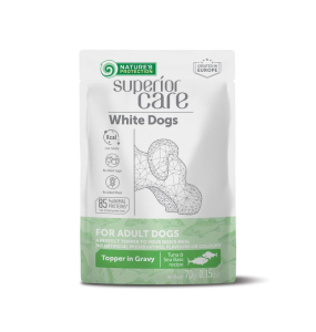 wet food supplement with tuna and sea bass for adult white-coated dogs of all breeds