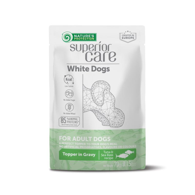 wet food supplement with tuna and sea bass for adult white-coated dogs of all breeds - 0