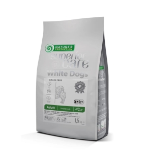 dry grain free food for adult dogs of small breeds with white coat, with insect