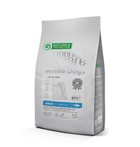 dry grain free food for adult dogs of small breeds with white coat, with herring 