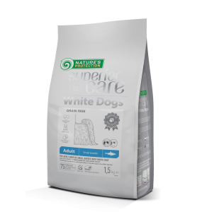 dry grain free food for adult dogs of small breeds with white coat, with herring 