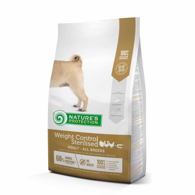 dry food for adult dogs of all breeds for weight control after sterilization, with poultry and krill - 0