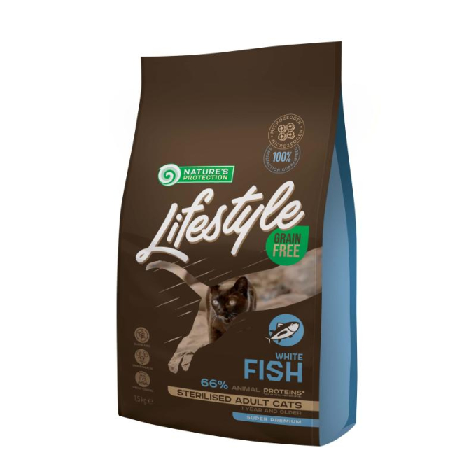 dry grain free food for adult cats with white fish after sterilisation - 0