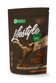 dry grain free food for adult cats with salmon and krill after sterilisation