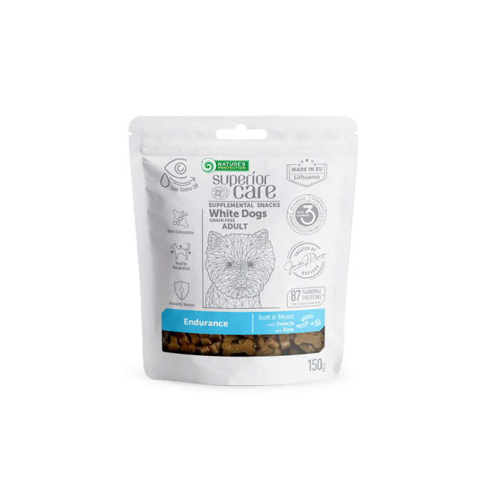 complementary feed - snacks to support endurance with insects and rice for adult all breed dogs with white coat - 0