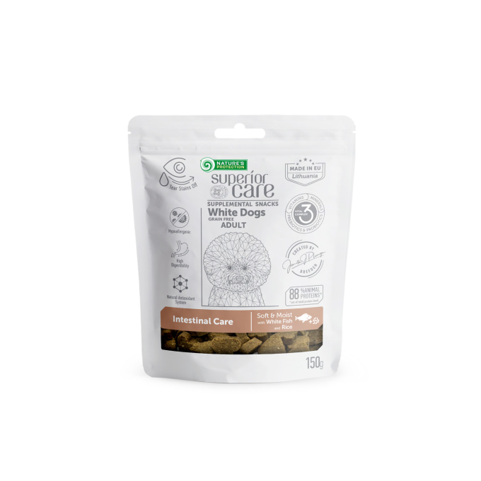 complementary feed - snacks for intestinal care with white fish and rice for adult all breed dogs with white coat - 0