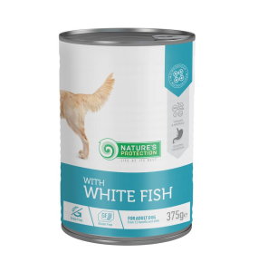 canned pet food for adult dogs with white fish