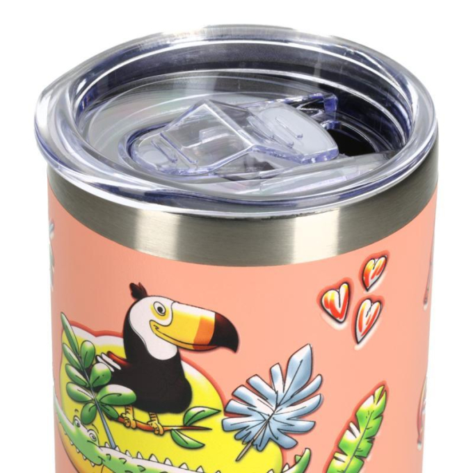 stainless steel water bottle, pink color, with illustrations and lid - 2